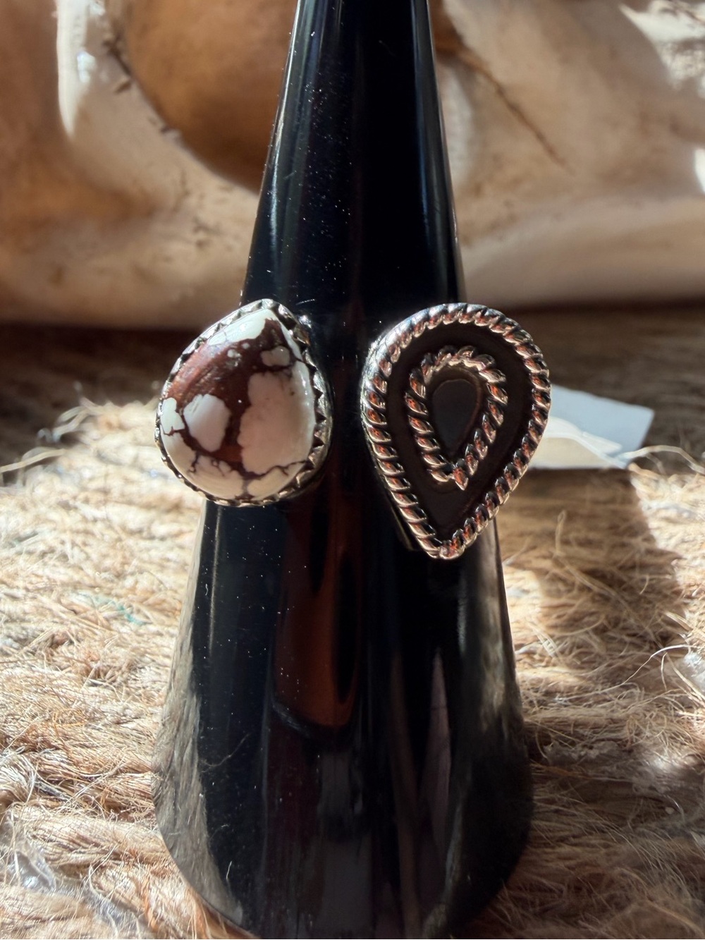 Sterling Silver Teardrop Floater Ring Wild Horse White and Brown Stone